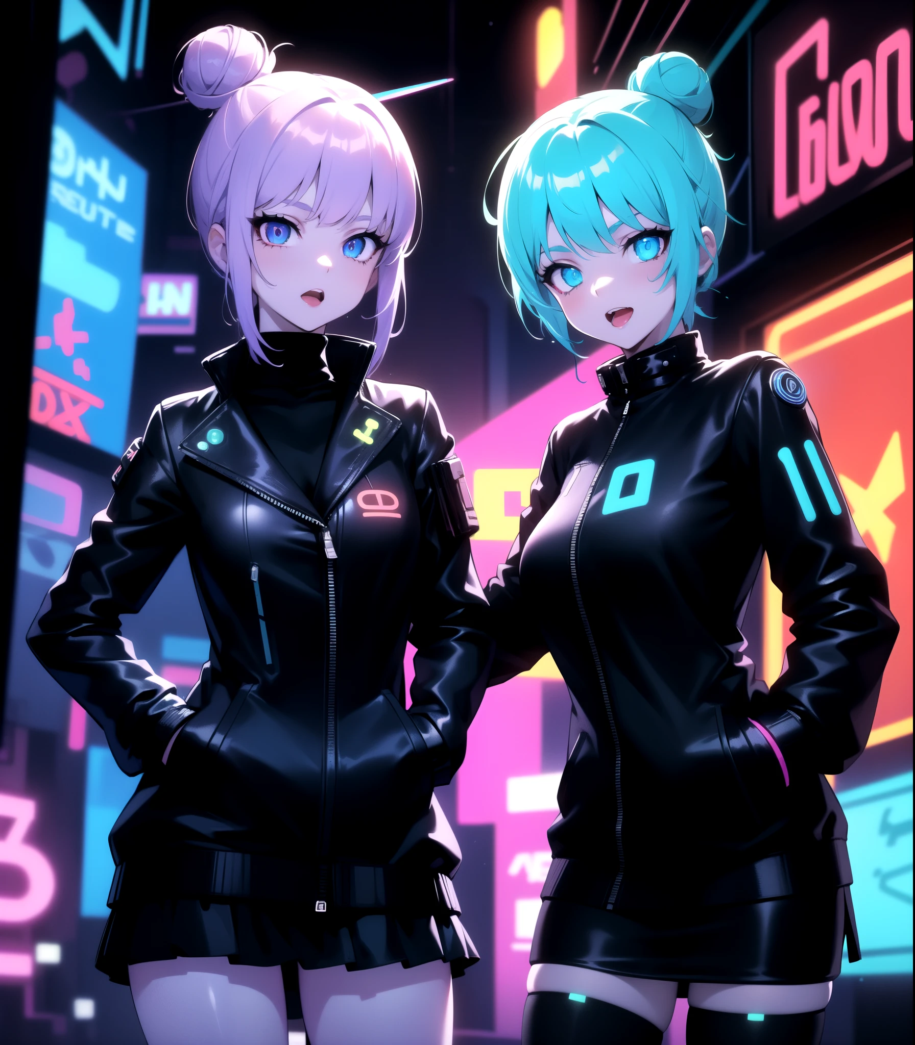 (1girl),
(female focus),
(masterpiece, best quality, highres:1.2),(illustration:1.1),(cyberpunk:1.2),
(hair bun:1.2), light blue hair,blue eyes,(black cyberpunk jacket:1.5),(puffy sleeves:1.2), (black turtleneck:1.2), (black skirt), (white skin),beautiful eyes,
happy,open mouth,(walking),looking at viewer, hand on hip,
(angle various),(cowboy shot),
(neon light:1.5),(lightline:1.5),(red background:1.0),(high contrast:1.1),8k wallpaper,(blurry background),