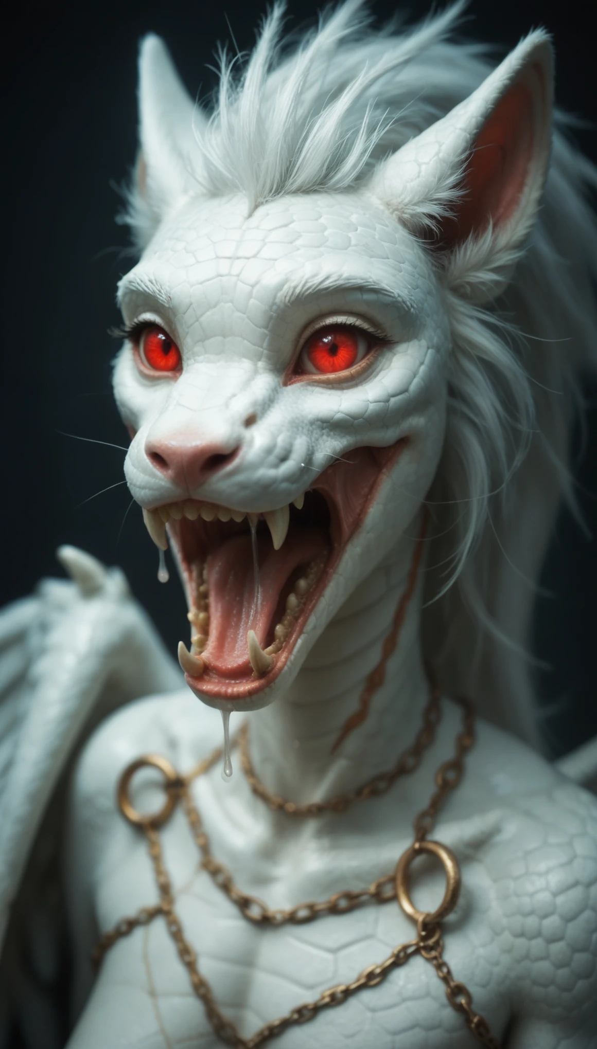 one girl, elf ears, , pure, cute naked, topless, a Woman alien mix, human Body, big tits,   shed skin, alien nose but the Rest of the face ist human, big eyes, full black eyes, hybride  70 %bat and  30 % human, face mostly woman,  shed kin at Body Arms and shoulders and neck , full black Iris, slender No clothes,snake shed skin, pink skin, fat lips, bimbo lips, tail, fangs,snub nose, Reptile skin, big tits, big ass, slim waist,full naked, (((mouth Open))) (((drooling))) sloppy, extrem sexy smiling,top down POV on the sitting on the floor with her mouth open