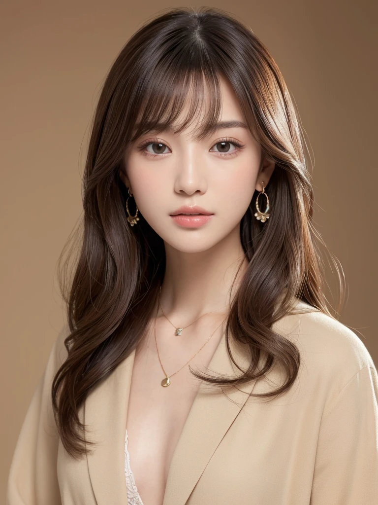  ((Highest quality, 8k, masterpiece:1.3)), concentrate: 1.2, Perfect body beauty: 1.4, Hips: 1.2, ((Long Hair, chest: 1.2)), (Dry clothes: 1.1) , (clear, Simple Background:1.3), Simple clothes: 1.1, Highly detailed face and skin texture,Delicate eyes, double eyelid, Whitened skin, Rough skin、Long Hair、Earrings with bangs、necklace、 solo、Beige coat、White shirt,  (((Beautiful girl with cute Japan)))、  ((Beautiful Japanese girl 20 years old))、 ((Baby Face))、 (((Slender body)))、  Upper Body，Face focus、necklace，Simple Background，From above， Realistic Hair、 A photograph was taken:Canon EOS R6、135mm、1/1250 seconds、f2.8、ISO400、(Detailed explanation of the hand)、(Masseter muscle area)、(Exquisite CG)、Long Hair, loose and curly hair、Korean Hair、Long Hair明るいベージュ色、グラデーションハイライトグレージュのゆるふわLong Hairスタイル、