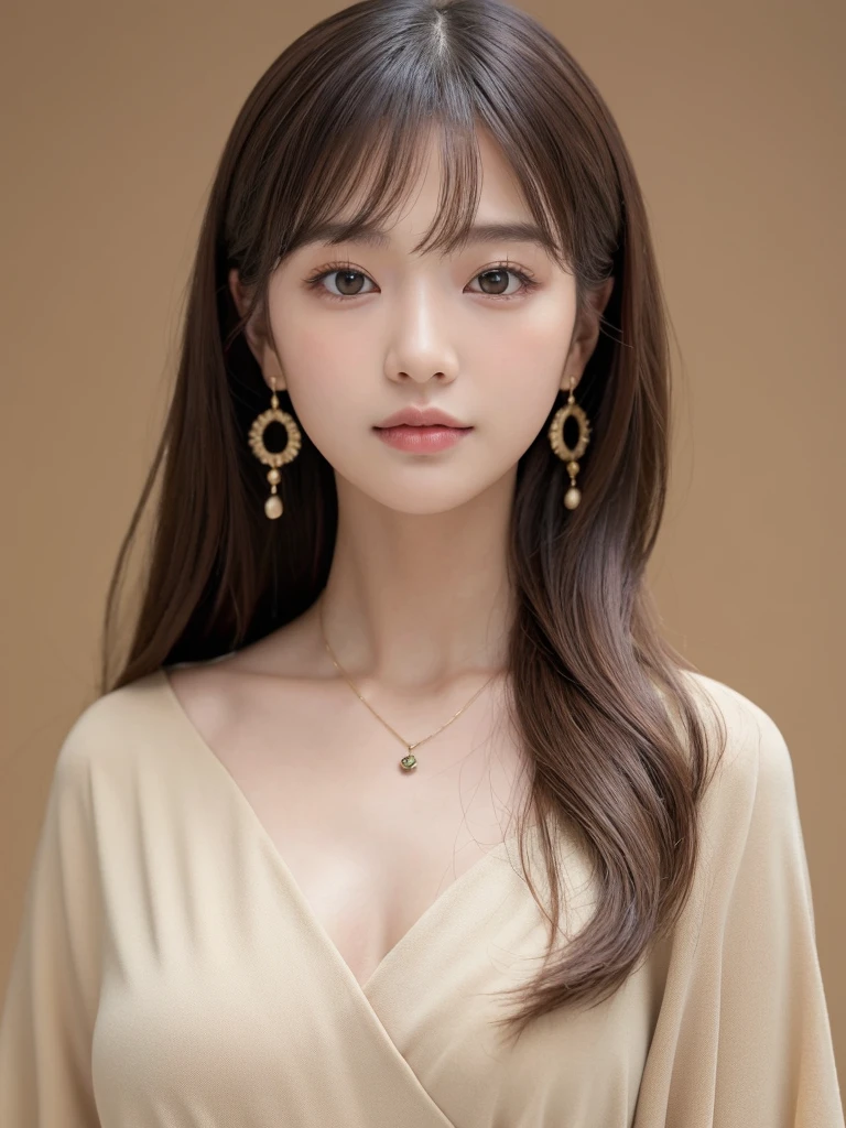 ((Highest quality, 8k, masterpiece:1.3)), concentrate: 1.2, Perfect body beauty: 1.4, Hips: 1.2, ((Long Hair, chest: 1.2)), (Dry clothes: 1.1) , (clear, Simple Background:1.3), Simple clothes: 1.1, Highly detailed face and skin texture,Delicate eyes, double eyelid, Whitened skin, Rough skin、Long Hair、Earrings with bangs、necklace、 solo、Beige coat、White shirt, (((Beautiful girl with cute Japan)))、 ((Beautiful Japanese girl 20 years old))、 ((Baby Face))、 (((Slender body)))、 Upper Body,Face focus、necklace,Simple Background,From above, Realistic Hair、 A photograph was taken:Canon EOS R6、135mm、1/1250 seconds、f2.8、ISO400、(Detailed explanation of the hand)、(Masseter muscle area)、(Exquisite CG)、Long Hair, loose and curly hair、Korean Hair、Long Hair明るいベージュ色、グラデーションハイライトグレージュのゆるふわLong Hairスタイル、