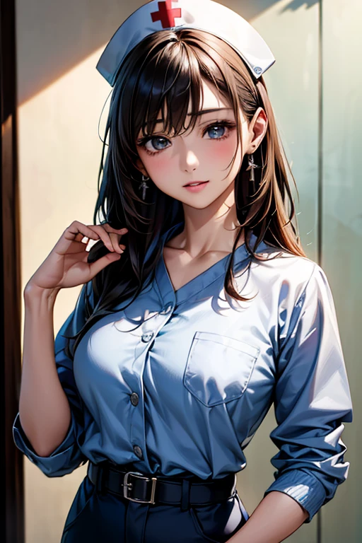 ((Highest quality)),(超High resolution),(Very detailed),(Detailed Description),((The best CG)),(masterpiece),Ultra-detailed art、(Highest quality、8k、32K、masterpiece)、(Realistic)、(Realistic:1.2)、(High resolution)、Very detailed、Very beautiful face and eyes、1 female、Tight waist、Delicate body、(Highest quality、Attention to detail、Rich skin detail)、(Highest quality、8k、Oil paints:1.2)、Very detailed、(Realistic、Realistic:1.37)、Bright colors、Beautiful Japanese Woman、Detailed face、Smooth Skin、Big Breasts、"A female nurse working in a cutting-edge hospital in the near future、Wearing highly functional and professional nurse uniform。She is moisture wicking、Breathable、Wrinkle-resistant、antibacterial、The scrub top is made of a highly functional fabric with excellent odor resistance.。色はwhite、Light blue、Mint green、lavender, etc.、Clean and professional colors。The top is fitted yet easy to move in.、V-neck or round neck、Subtle logo on sleeve、It has a pocket。The pants are made from the same high-performance fiber.、Straight or tapered pants、多機能It has a pocket。She likes to wear cushioned sneakers and flats.(white、Light blue、Navy Color)I am wearing、Comes with a non-slip sole。Accessorize with a durable name tag with clip、Understated jewelry, such as wedding rings and simple earrings、Includes functional belt。Disposable medical gloves(Made from nitrile)Use、A light jacket or cardigan to protect against air conditioning and heating、Wearing a hair cap or band to hold hair in place。Uniforms include、Built-in sensors for monitoring body temperature and vital signs、It has a built-in function to link with a smartwatch to support nurse call and communication.。The scene is、She helped the patient、Check your vital signs、Operating medical equipment、Pictured in a bright, modern, clean hospital environment。Advanced medical technology、Tidy patient rooms、You can also see other medical professionals working efficiently.。"