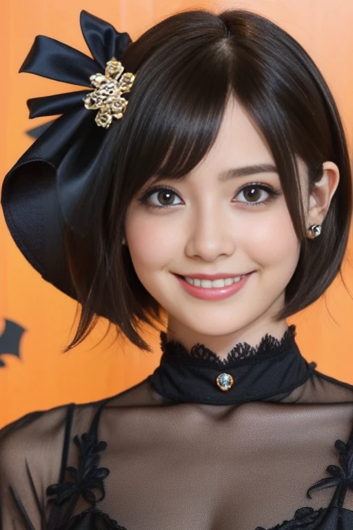 (upper body shot,a 26 year old girl, detailed cutie face, beautiful detailed eyes, detailed dropped eyes, beautiful charming smile, extremely detailed face,short hair,anime style, halloween party:2.0), colorful lights, pumpkin decorations, haunted house, best quality, 4k, highres, masterpiece, realistic, photorealistic, photo-realistic, vivid colors, intricate details, fantasy, soft lighting, magical