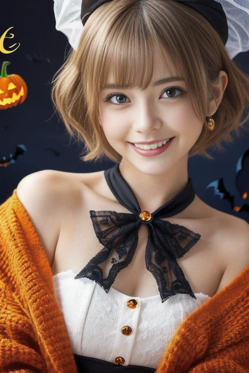 ((from below,upper body),a 25 years old girl, detailed cutie face, beautiful detailed eyes, detailed dropped eyes, beautiful charming smile, extremely detailed face,slender body,short hair,anime style, halloween costume:2.0), Highres fix,colorful lights, pumpkin decorations, haunted house, best quality, 4k, highres, masterpiece, realistic, photorealistic, photo-realistic, vivid colors, intricate details, fantasy, soft lighting, magical