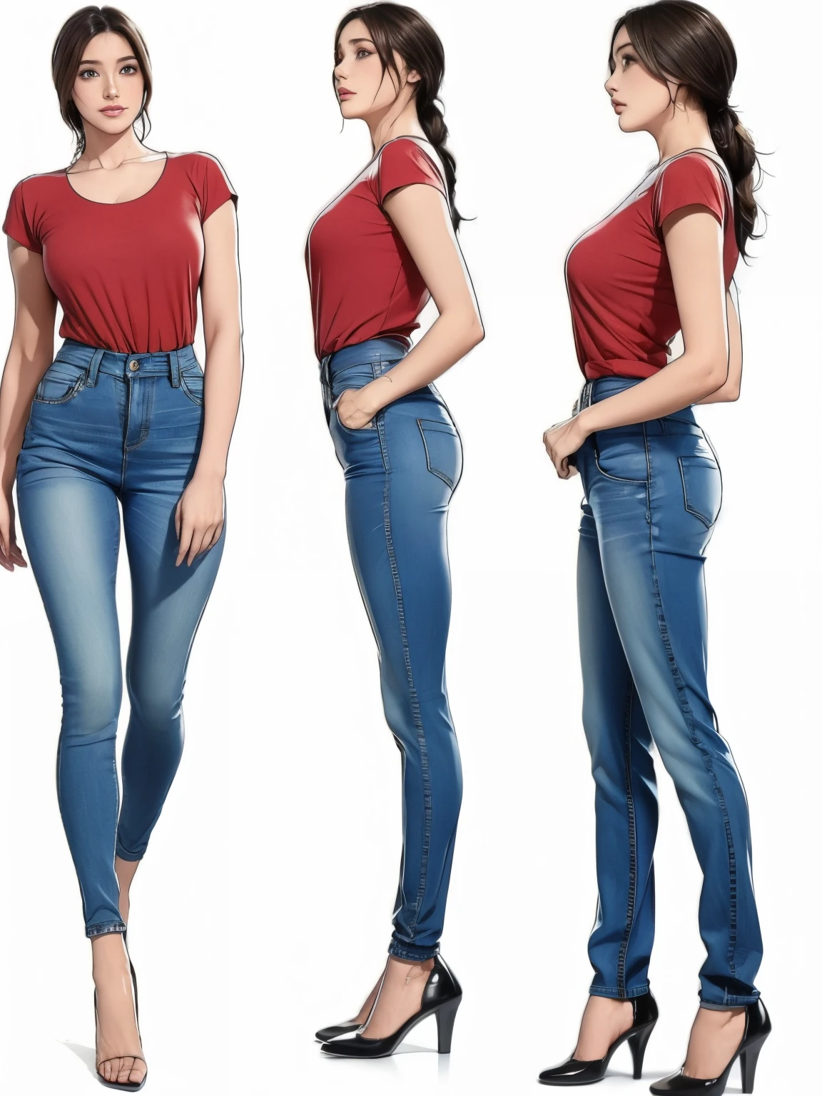 A woman in red shirt and blue jeans standing next to each other - SeaArt AI