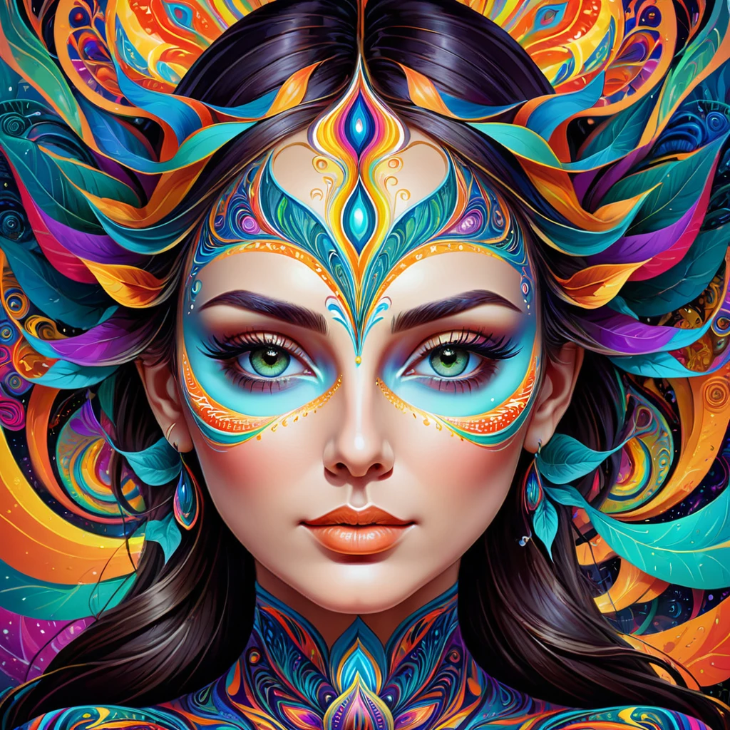 Portrait of a deep psychedelic therapist, surreal,vibrant with colors, hallucinogens, the face, Intricate, chic, agility, The content is very detailed, digitalpainting, art stations, conceptual artwork, sharp focus, illuminations, datura, abstrato, fractalized, patterned, creative, art stations, vector, precise lines,chic curveelhor qualidade,4K,8k,high resolution,work of art:1.2), ultra detali, realisitic:1.37。