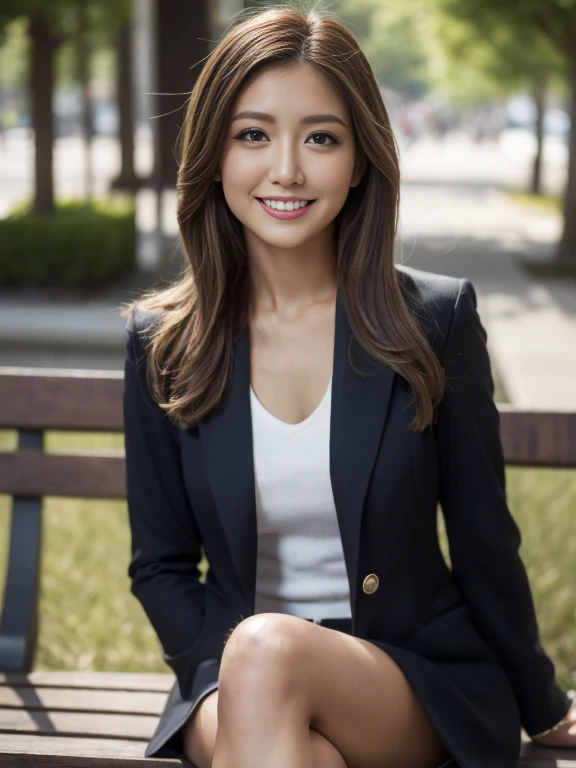 Tabletop, Highest quality, Realistic, Very detailed, finely, High resolution, 8k wallpaper, One beautiful woman,, Light brown messy hair, Wear a business suit, Sharp focus, Perfect dynamic composition, finelyて美しい目, Thin Hair, Detailed and Realistic skin texture, smile, Model body type、Beautiful legs、sitting on a park bench、