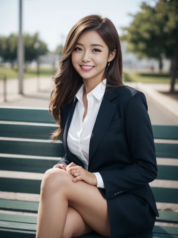 Pure Japanese young girl, outstanding body, beautiful legs, wearing formal business suits, high heels, vivid makeup and lips, thick eyebrows, formal black hair styles, sexual smile, professional portrait photography, summer light, 