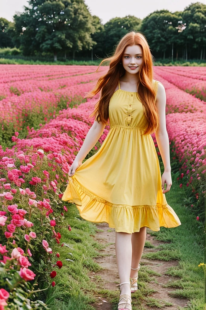 A 21-year-old, Pretty girl with long ginger hair, stands in rose field, wearing a long yellow summer dress