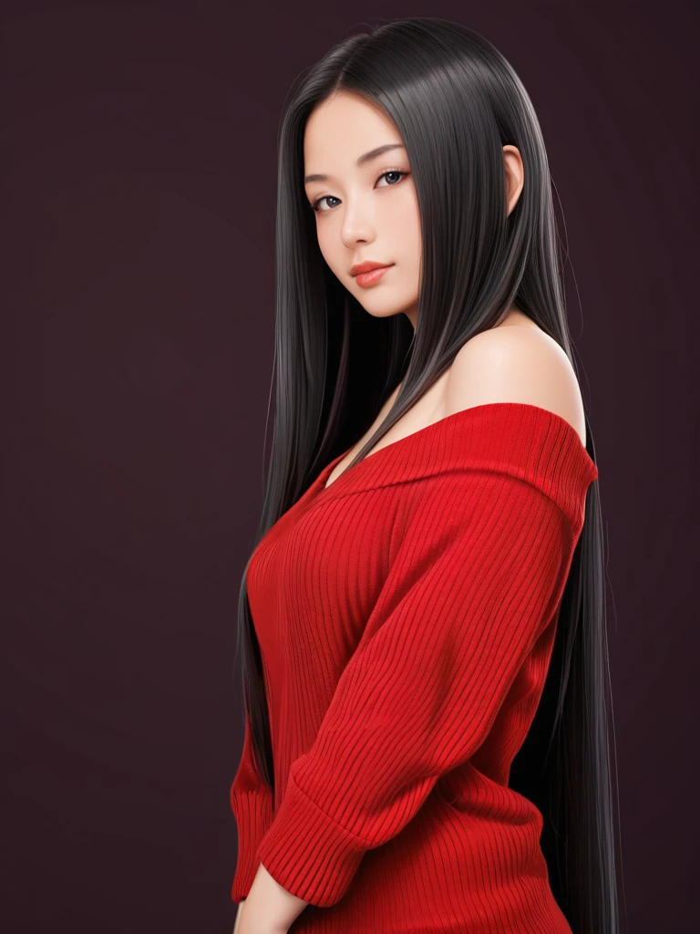 score_9,score_8_superior,score_7_superior, 20-year-old, full body, 8k, High resolution, beautiful girl, Black Hair, Very long hair, Straight hair, Mouth closed, One girl, Detailed face, Beautiful woman face, red sweater, dark background, View your viewers,