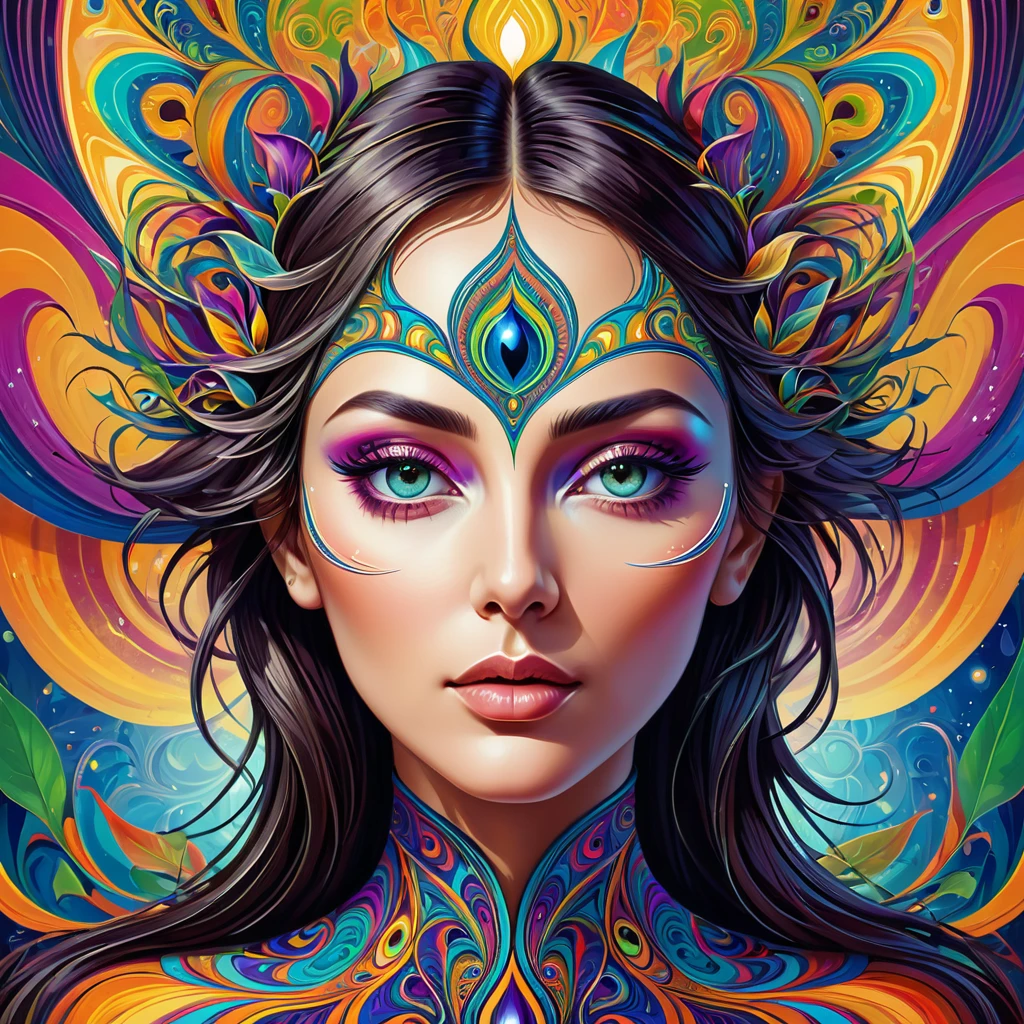 Portrait of a deep psychedelic therapist, surreal,vibrant with colors, hallucinogens, the face, Intricate, chic, agility, The content is very detailed, digitalpainting, art stations, conceptual artwork, sharp focus, illuminations, datura, abstrato, fractalized, patterned, creative, art stations, vector, precise lines,chic curveelhor qualidade,4K,8k,high resolution,work of art:1.2), ultra detali, realisitic:1.37。