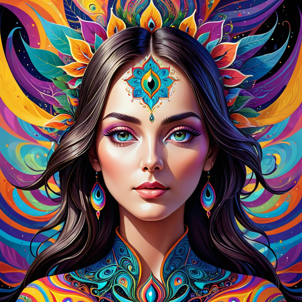 Portrait of a deep psychedelic therapist, surreal,vibrant with colors, hallucinogens, the face, Intricate, chic, agility, The content is very detailed, digitalpainting, art stations, conceptual artwork, sharp focus, illuminations, datura, abstrato, fractalized, patterned, creative, art stations, vector, precise lines,chic curveelhor qualidade,4K,8k,high resolution,work of art:1.2), ultra detali, realisitic:1.37。