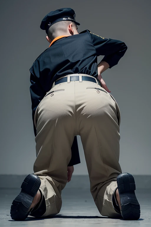 kid boy, 14 years old, wear police uniform, shave head, wear cap, back view, look from below, no naked, wear uniform trousers belt gear gun boot, thigh, butt, open wide leg, back view, look from back below, lying on all fours，defeat, look from below