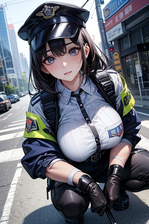 ((Highest quality)),(超High resolution),(Very detailed),(Detailed Description),((The best CG)),(masterpiece),Ultra-detailed art、(Highest quality、8k、32K、masterpiece)、(Realistic)、(Realistic:1.2)、(High resolution)、Very detailed、Very beautiful face and eyes、1 female、Tight waist、Delicate body、(Highest quality、Attention to detail、Rich skin detail)、(Highest quality、8k、Oil paints:1.2)、Very detailed、(Realistic、Realistic:1.37)、Bright colors、Beautiful Japanese Woman、Detailed face、Smooth Skin、Big Breasts、"A female police officer of the near future wearing a highly functional uniform、Working in a modern urban environment。Wearing a dark blue or black tight-fitting jacket、Reflective lines and metallic accents、Built-in protective padding on shoulders and elbows。There is a badge and ID holder on the left chest.、Wear a moisture-wicking grey or blue shirt underneath。The shirt has contrast stripes on the collar and cuffs。The tight-fitting straight pants are made from the same high-performance material.、Built-in protective pads on knees and thighs。Wearing a sturdy black belt、Multiple pouches and holsters are attached.、Stores power tools and communication equipment。On her feet, she wears mid-cut black boots that provide good ankle support.。The cap also matches the uniform.、Reflective lines and metallic badges。As an accessory、Impact resistant gloves、Bulletproof glass goggles with night vision function、It also comes with a headset with an integrated earpiece and microphone.。She patrols the city、Interact with citizens、They are responding to the situation using advanced surveillance equipment.、There is a futuristic police car nearby.。The urban environment is high-tech、You'll see smart buildings and holographic displays。"