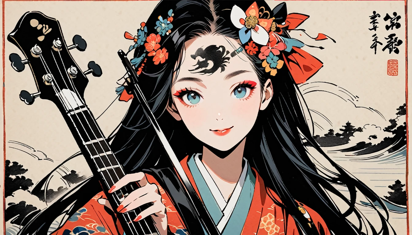 (((Ink Painting))), Fashion portrait color photos, (((1 girl))), (((Playing electric bass))), (((Tattoo in the center of the forehead))), (((Very flashy hair accessories))), (((Very flashy makeup))), Japanese style headphones, front view, Japan人の美少女, Black Hair, Delicate and precise, Modern ukiyo-e style,Japan, Droopy eyes, round face, smile, Fuller lips