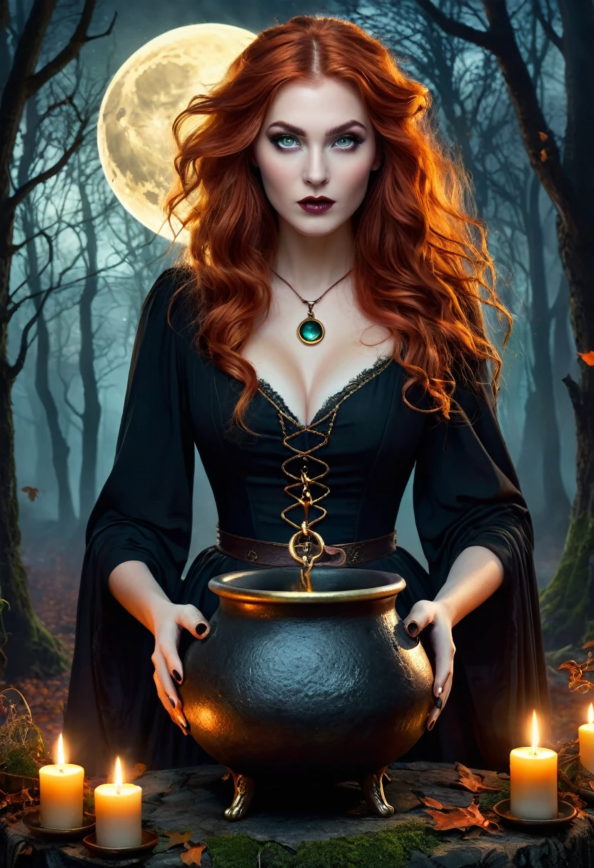 (Best quality:1.2, realistic:1.37), dark fantasy, Witchy atmosphere, nine breasted witch, mesmerizing eyes, Flowing red hair, enchanted forest, Crescent moon, lunar sky, ominous shadows, magic potions, , Mystical symbols, witchcraft rituals, golden cauldron, flickering candle light, The Ancient Book of Spells, hauntingly beautiful, ethereal glow, Nightmarish Creatures, whisper of the wind, Occult magic, Witches' Sabbath, Unleashing Dark Magic, mesmerizing spells, Enchanted Spells, otherworldly force, Shrouded in mystery, forbidden knowledge, evil intentions (((Potion Cauldron))