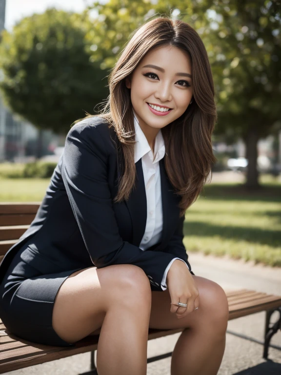 Tabletop, Highest quality, Realistic, Very detailed, finely, High resolution, 8k wallpaper, One beautiful woman,, Light brown messy hair, Wear a business suit, Sharp focus, Perfect dynamic composition, finelyて美しい目, Thin Hair, Detailed and Realistic skin texture, smile, Model body type、Beautiful legs、sitting on a park bench、