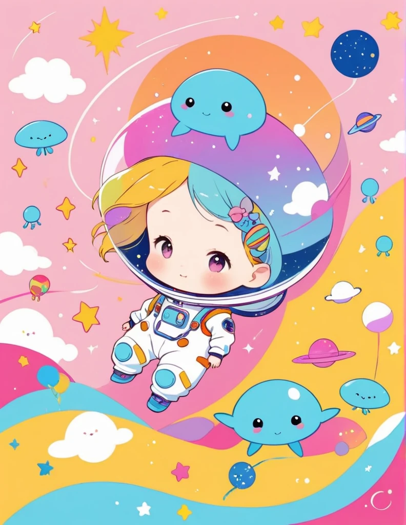 Momoko Sakura colorfull style, Simple Line Initialism,Abstract art, kawaii design, (((Dream World))), Spacesuit, (((Cute Aliens))), The background is space