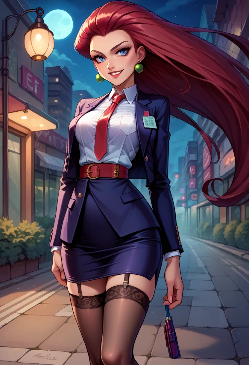 score_9,score_8_up,score_7_up,score_6_up, source_anime, 1girl, solo, EPpkJessie, long hair, blue eyes, red hair, hair slicked back, medium breasts, smile, skirt suit, (((three-piece suit))), (((dress shirt))), (((necktie))), (((blazer))), (((suit jacket))), (((waistcoat))), double-breasted waistcoat, (((bodycon pencil skirt))), (((stockings))), high heels, pocket square, cufflinks, tie clip, tight clothing, formal clothing,,standing,empty streets,night,fog,moon,