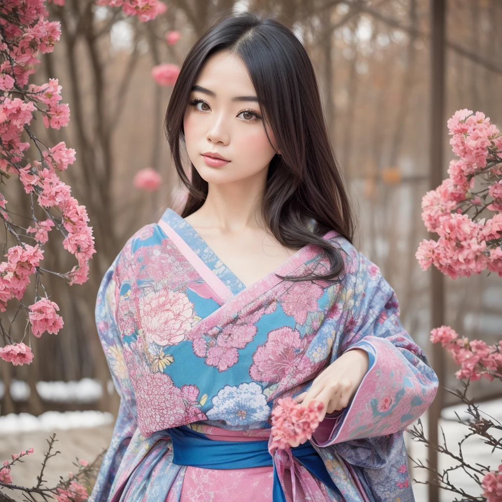 Generate me the most beautiful Japanese woman in the world , with a magnificent face very detailed very beautiful very original, a just magnificent Japanese outfit and a Japanese background 