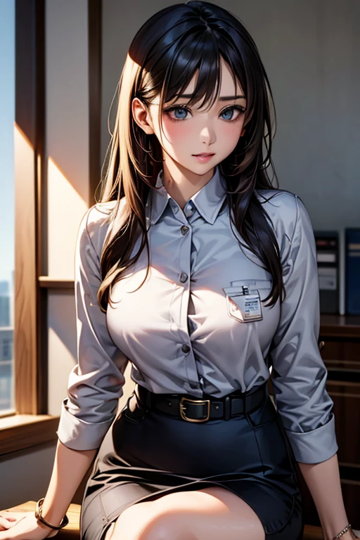 ((Highest quality)),(超High resolution),(Very detailed),(Detailed Description),((The best CG)),(masterpiece),Ultra-detailed art、(Highest quality、8k、32K、masterpiece)、(Realistic)、(Realistic:1.2)、(High resolution)、Very detailed、Very beautiful face and eyes、1 female、Tight waist、Delicate body、(Highest quality、Attention to detail、Rich skin detail)、(Highest quality、8k、Oil paints:1.2)、Very detailed、(Realistic、Realistic:1.37)、Bright colors、Beautiful Japanese Woman、Detailed face、Smooth Skin、Big Breasts、"A female office worker of the near future wearing a highly functional uniform、I work in a modern office environment.。Wrinkle Resistant、Antifouling、Breathable、Dark grey made from temperature regulating material、Navy、Or wearing a black tight fitting jacket。The jacket features metallic buttons and subtle details on the shoulders and cuffs.、Slim and elegant design with multiple interior pockets。Below is the、Wear a moisture-wicking white or pastel blouse that combines style and freedom of movement。A knee-length tight skirt or A-line skirt in a color that matches your jacket、Or wearing tight-fitting straight or tapered pants。靴はブラックまたはNavyのローヒールパンプスやフラットシューズです。A simple and elegant metallic buckle belt、A multifunctional and stylish bag（Fits your laptop）、She accessorizes with modest jewelry and watches.。Attach a name tag with a clip、I am wearing a smartwatch with comprehensive communication and healthcare functions.。She sits at her modern desk.、I work on a computer、In the background is a neat and professional office environment。"