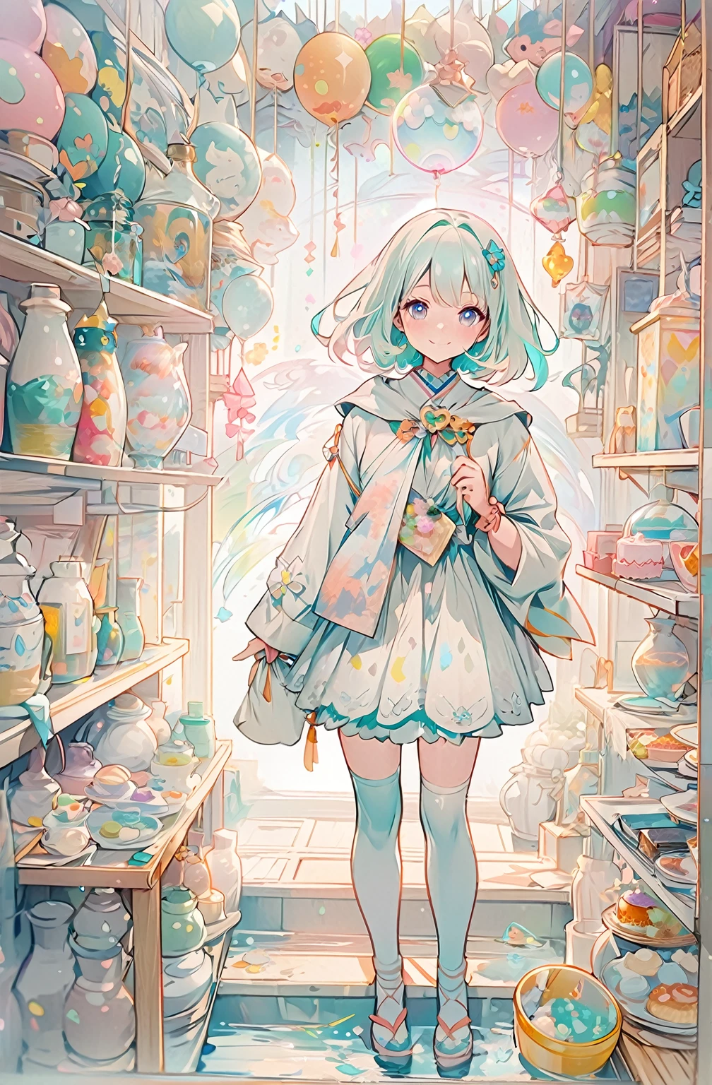 Anime girl in a store holding balloons and cake, Digital art on Pixiv, By Yuumei, Cute girl anime visuals, artstation pixivでトレンド, Turquoise hair anime girl, Soft anime illustration, Beautiful artwork illustration, Anime style digital art, Cute anime waifu in a nice dress, guweiz on pixiv artstation