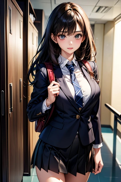 ((Highest quality)),(超High resolution),(Very detailed),(Detailed Description),((The best CG)),(masterpiece),Ultra-detailed art、(Highest quality、8k、32K、masterpiece)、(Realistic)、(Realistic:1.2)、(High resolution)、Very detailed、Very beautiful face and eyes、1 female、Tight waist、Delicate body、(Highest quality、Attention to detail、Rich skin detail)、(Highest quality、8k、Oil paints:1.2)、Very detailed、(Realistic、Realistic:1.37)、Bright colors、Beautiful Japanese Woman、Detailed face、Smooth Skin、Big Breasts、"A high school girl from the near future is wearing a monochrome tight-fitting blazer.、Metallic buttons and school crest on left chest。Below is the、He is wearing a clean white shirt with hidden buttons.、The collar and cuffs have thin lines。The skirt is a knee-length A-line skirt.、Does it have the same simple stripes as the blazer?、You may be wearing tight-fitting straight pants of the same pattern.。Shoes must be black or dark grey sneakers、Includes silver accents。A tie or ribbon in school colors、I have a lightweight, multi-functional backpack with reflectors.。The material of the uniform is temperature regulating、Antifouling、Has antibacterial properties。She is a modern, high-tech school environment.々We are engaged in various activities.:Study in classrooms equipped with advanced digital screens、Walking through a bright hallway lined with smart lockers、Chatting with friends in a futuristic cafeteria。"