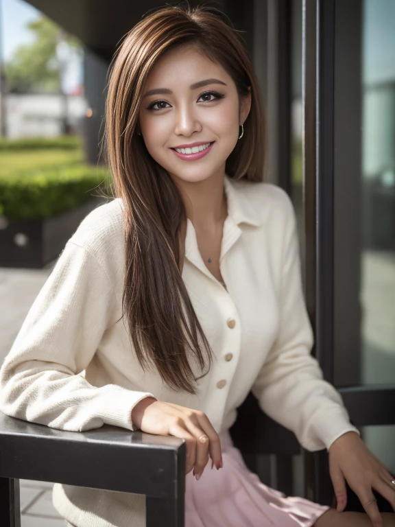 Highest quality, Realistically, Very detailed, About pubic hair, High resolution, 8k wallpaper, One beautiful woman, Pink wet lips, Light brown messy hair, Wearing a suit, shirt, White Skirt, Lock Focus, Perfect dynamic composition, Beautiful Eyes, Delicate hair, Detailed Realistically skin texture, smile, Close-up portrait, Model body type, On the open terrace of the cafe, Blurred Background, (Full Body Shot), Take photos from a distance, Random body orientation,Sit on a chair、