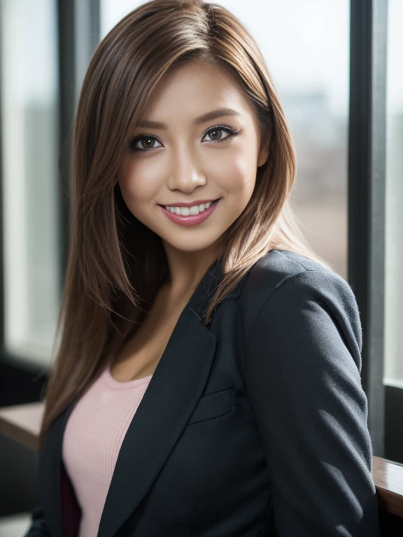 1 young girl, looking confident (a closeup of her face, looking directly at the camera, wearing a 2-piece suit),(RAW photo, best quality), (realistic, photo-realistic:1.4), masterpiece, an extremely delicate and beautiful, extremely detailed, 2k wallpaper, Amazing, finely detail, extremely detailed CG unity 8k wallpaper, ultra-detailed, highres, soft light, beautiful detailed girl, extremely detailed eyes and face, beautiful detailed nose, beautiful detailed eyes, cinematic lighting,(In a modern office inside of a skyscraper),perfect anatomy,slender body,smiling