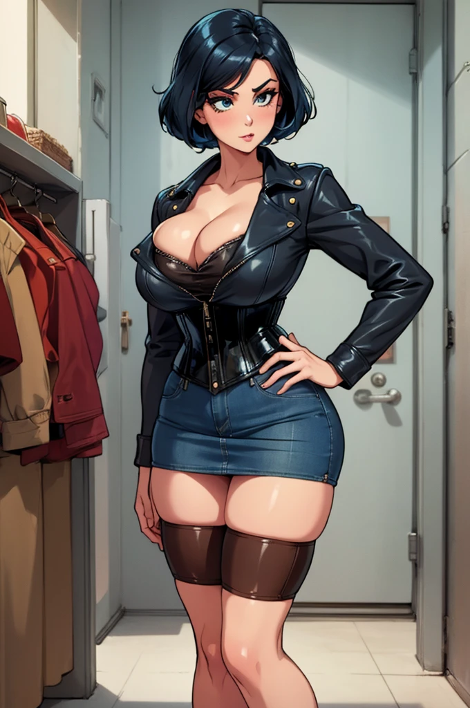 gorgeous woman, vintage pin up, leather jacket, blue-black hair, denim skirt, short skirt, cleavage, corset, slim