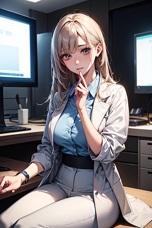 ((Highest quality)),(超High resolution),(Very detailed),(Detailed Description),((The best CG)),(masterpiece),Ultra-detailed art、(Highest quality、8k、32K、masterpiece)、(Realistic)、(Realistic:1.2)、(High resolution)、Very detailed、Very beautiful face and eyes、1 female、Tight waist、Delicate body、(Highest quality、Attention to detail、Rich skin detail)、(Highest quality、8k、Oil paints:1.2)、Very detailed、(Realistic、Realistic:1.37)、Bright colors、Beautiful Japanese Woman、Detailed face、Smooth Skin、Big Breasts、"A female doctor of the near future wearing a highly functional uniform、We treat patients in state-of-the-art medical facilities。Antifouling、antibacterial、Breathable、Wear a clean white or pale blue, tight-fitting lab coat made from a temperature-regulating, high-performance material。The lab coat has a slim design、Smart collar、Hidden snap buttons at cuffs、Has multiple storage pockets。Wear a moisture-wicking white or light pastel colored shirt or blouse underneath.、Tight fit and easy to move in design。Doctors use silver and pastel colored high sensitivity stethoscopes、Name tag、Equipped with a waterproof smartwatch、See patient data in real time。The patient is seated on a modern medical examination table.、A doctor carefully listens to a patient's heartbeat with a stethoscope。The room is equipped with advanced medical equipment and displays showing patient data.、The environment is clean and bright、It's a professional atmosphere。"
