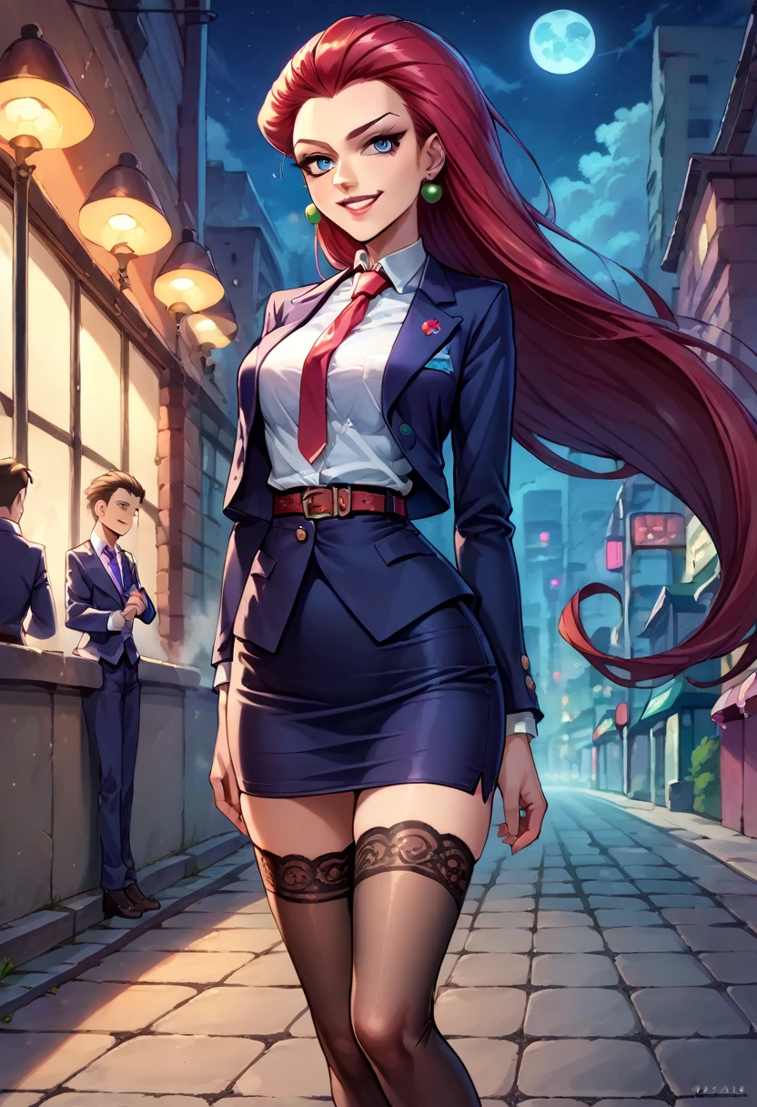 score_9,score_8_up,score_7_up,score_6_up, source_anime, 1girl, solo, EPpkJessie, long hair, blue eyes, red hair, hair slicked back, medium breasts, smile, skirt suit, (((three-piece suit))), (((dress shirt))), (((necktie))), (((blazer))), (((suit jacket))), (((waistcoat))), double-breasted waistcoat, (((bodycon pencil skirt))), (((stockings))), high heels, pocket square, cufflinks, tie clip, tight clothing, formal clothing,,standing,empty streets,night,fog,moon,