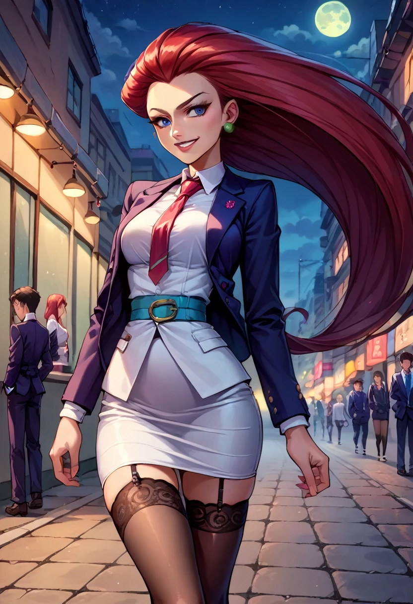 score_9,score_8_up,score_7_up,score_6_up, source_anime, 1girl, solo, EPpkJessie, long hair, blue eyes, red hair, hair slicked back, medium breasts, smile, skirt suit, (((three-piece suit))), (((dress shirt))), (((necktie))), (((blazer))), (((suit jacket))), (((waistcoat))), double-breasted waistcoat, (((bodycon pencil skirt))), (((stockings))), high heels, pocket square, cufflinks, tie clip, tight clothing, formal clothing,,standing,empty streets,night,fog,moon,