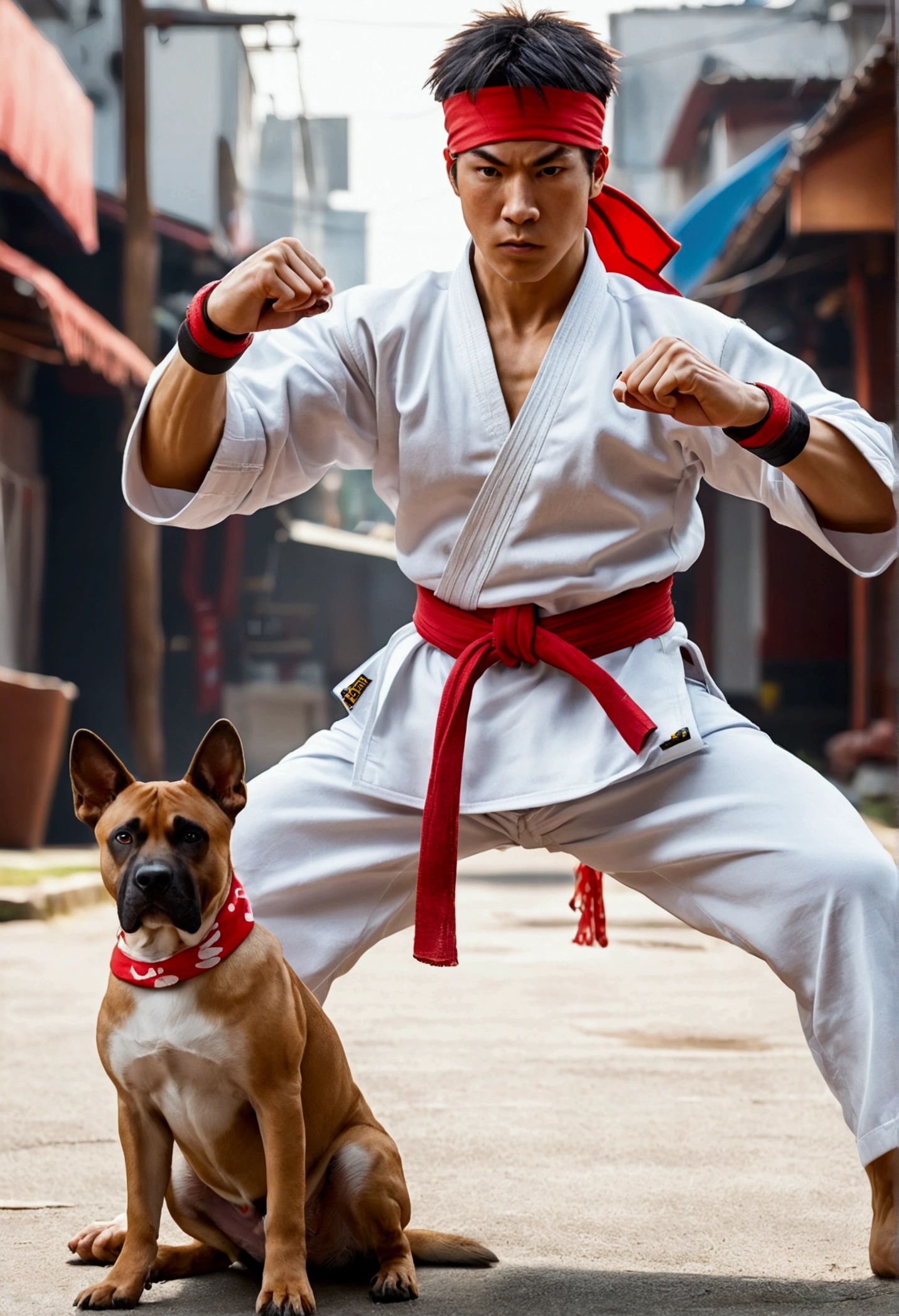 c4ttitude, wearing white karate outfit, red bandana, focusing energy, street fighter vs dog