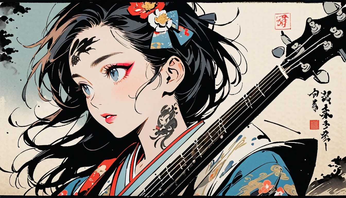 (((Ink Painting))), Fashion portrait color photos, (((1 girl))), (((Playing electric bass))), (((Tattoo in the center of the forehead))), (((Very flashy hair accessories))), (((Very flashy makeup))), Japanese style headphones, front view, Japan人の美少女, Black Hair, Delicate and precise, Modern ukiyo-e style,Japan, Droopy eyes, round face, Fuller lips