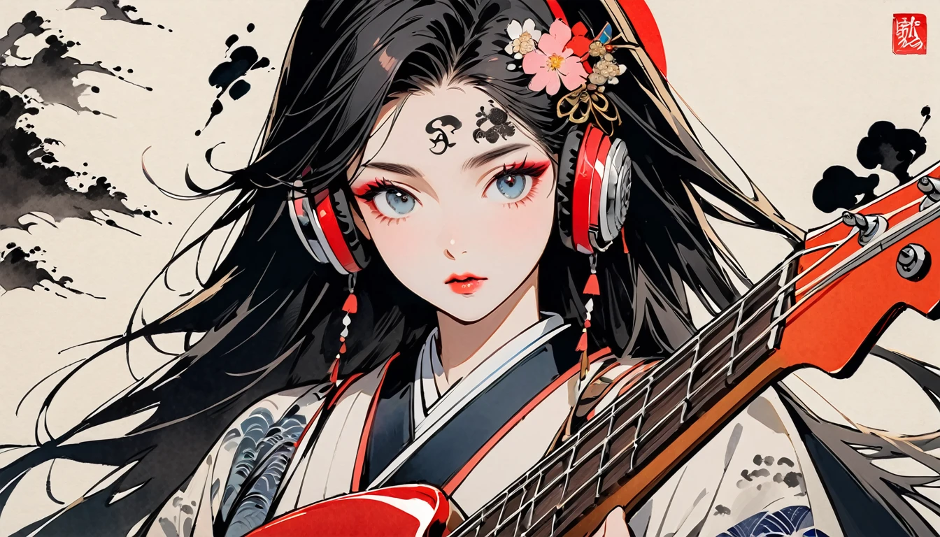 (((Ink Painting))), Fashion portrait color photos, (((1 girl))), (((Playing electric bass))), (((Tattoo in the center of the forehead))), (((Very flashy hair accessories))), (((Very flashy makeup))), Japanese style headphones, front view, Japan人の美少女, Black Hair, Delicate and precise, Modern ukiyo-e style,Japan, Droopy eyes, round face, Fuller lips