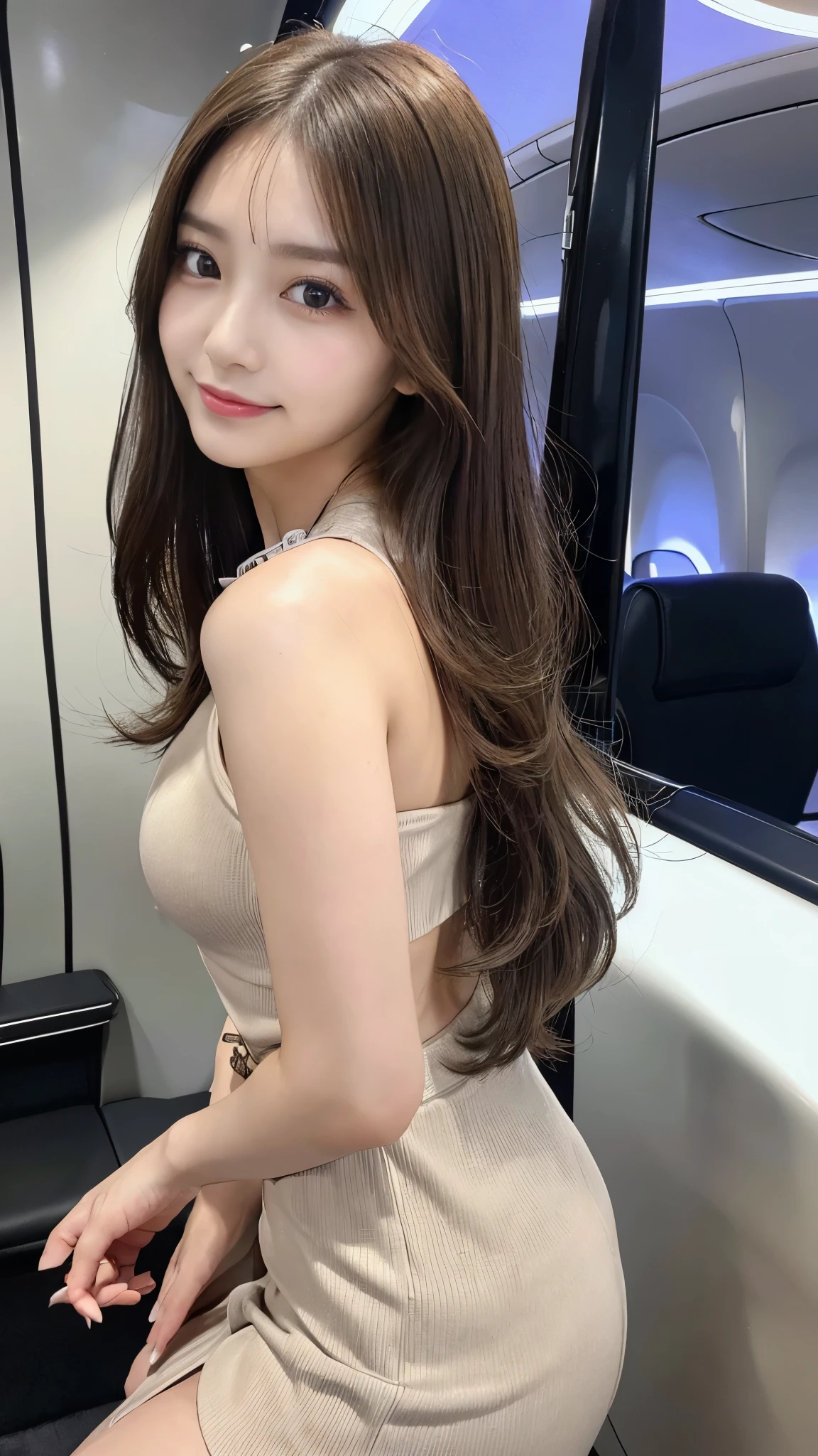 (Detailed skin:1.2),(Shiny skin:1.1),8k,Highest quality, masterpiece, Ultra-high resolution,(Realistic:1.4), RAW Photos,(Soft saturation:1),(Fair skin:1.2),(Succubus:1.2),Half-Japanese beauty,23 years old, （Light brown hair）,（Long Hair:1.３)),  (Pretty face:1.4), (Large Breasts, Tight waist,Big firm hips:1.2), ((Beautiful lighting:1.3)), ((flight attendant:1.2)),(Highly detailed face, Highly detailed lips, fine grain, double eyelid,Highly detailed and evenly balanced eyes), （Sharp focus:1.2）, ((Full Body Shot)),（Perfect Anatomy:1.3),(Beautiful woman with perfect figure: 1.2）、((Random sexy poses:1.2))、Sharp Eyes,smile,（Inside the jet）