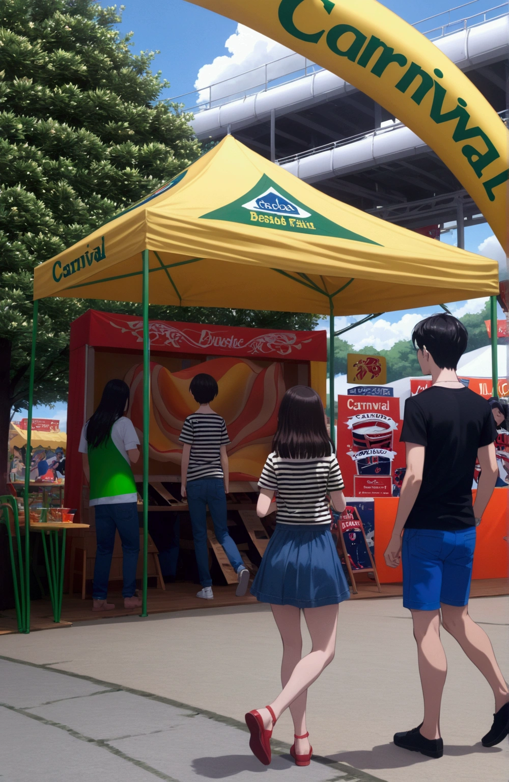 anime illustration of age couple walking together at carnival fair, (1girl, solo,full body), (masterpiece, best quality)