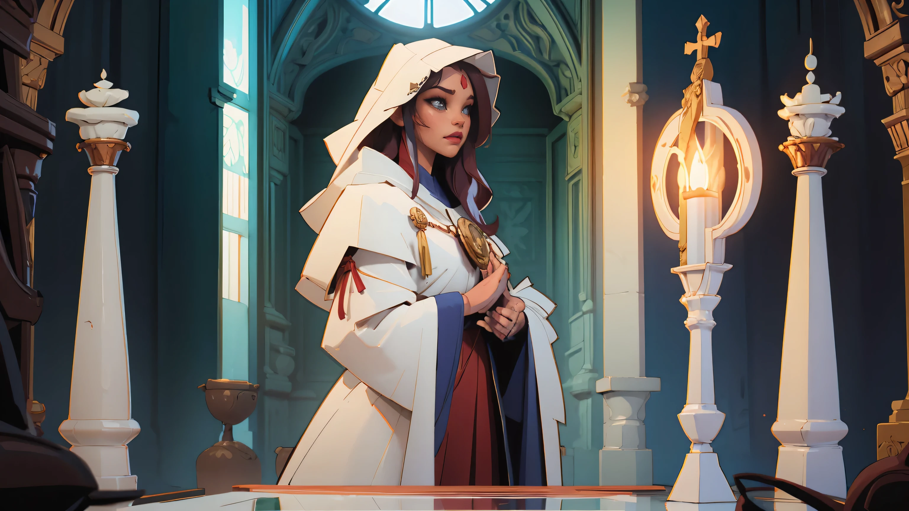 ((head of'artwork,best quality)),((Fiche de conception des personnages)),((full body view)),femme mature, holy priestess, Manteau blanc, Pray, tilted head, sacred aura, eyes closed, skindention, Lightweight fabric, poses dynamiques, candle light, reflection of light, Dark Church, aquarel, PAUSE red skin, demoness ,Debout derrière, whisper sins