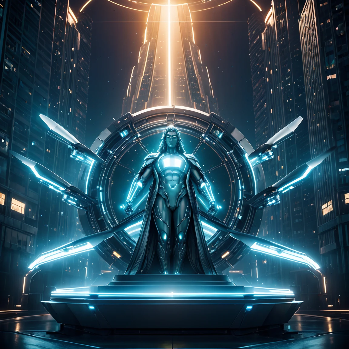 (Highest quality, Ultra HD, 16k, Masterpiece) A colossal statue of an Indian god stands majestically in the heart of a highly futuristic city, surrounded by towering high-rise buildings, flying cars, and vibrant bioluminescent lights. The statue, intricately designed with a blend of ancient and modern elements, depicts the deity in a serene and powerful pose. Neon lights and holographic projections add a surreal glow to the statue, highlighting its divine presence amidst the ultramodern environment.
The cityscape is a dazzling mix of sleek skyscrapers, each adorned with luminous advertisements and digital displays. Flying cars zip through the air, leaving trails of light behind them, creating a dynamic and bustling atmosphere. The streets below are lined with lush, exotic flowers, whose petals emit a soft, bioluminescent glow, adding a touch of nature's beauty to the urban setting.
The statue is surrounded by a lush garden oasis, a striking contrast to the metallic and glass structures that dominate the skyline. This green sanctuary is filled with diverse plant life, including bioluminescent flora that illuminates the night with a gentle, otherworldly light. The air is filled with a mix of futuristic sounds and the soft rustle of leaves, creating a harmonious blend of nature and technology.
Soft beams of light from the setting sun and the city's neon glow create a stunning interplay of colors and shadows, casting an ethereal ambiance over the scene. The overall composition captures the awe-inspiring fusion of ancient spirituality and cutting-edge innovation, evoking a sense of wonder and reverence for both the divine and the futuristic marvels of human achievement. This image portrays a breathtaking vision of a harmonious coexistence between tradition and progress in a vibrant, futuristic metropolis. ((((long shot))), (((drone shot))), (((zoomed out shot))), ((((huge statue)))), (((colossal statue))), (((bright light))), (((neon lights))), (((bioluminiscent light