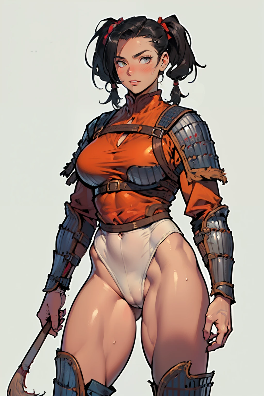 (high resolution, pixel perfect, gorgeous illustrations), (hyper quality, muste piece, etheric: 1.4), (((cowboy shot))), face focus, ((1girl)), age girl, (female savage), ((((hairy_woman)))), (((((open stance))))), cool atmosphere, black hair, (((((twintails, slicked_back_hair))))), Exquisite face, ((clear face)), blush, (((((((muscular_female))))))), (thick thighs, wide hips, Big breasts that are about to burst), fighter, (((wh_chi_armor))), (((highleg_leotard))), (((((cameltoe))))), bare legs, shiny skin, gleaming skin, sweat, simple background,