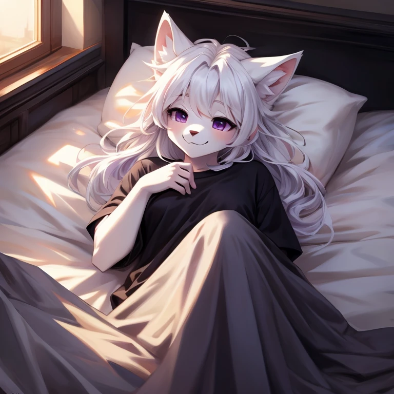 I have white pink hair, cat ears, a bun, my face is super blushing, black glasses, pink heart eyes, and if you could, in lingerie, black stockings, a cat's tail, a very shy girl, that you are lying on your bed how suspicious it is very small