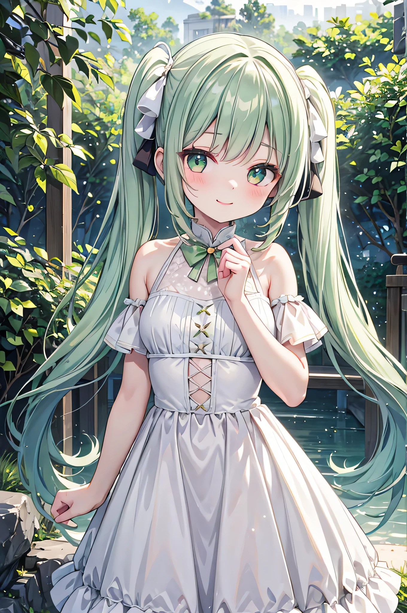 (masterpiece), nature, Speckled sunlight, Particles of light, One girl, smile, Medium chest, White Dress,Twin tails,Pale green hair