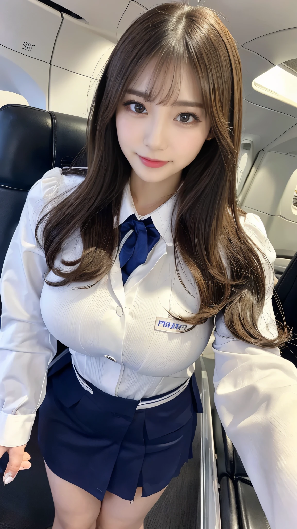 (Detailed skin:1.2),(Shiny skin:1.1),8k,Highest quality, masterpiece, Ultra-high resolution,(Realistic:1.4), RAW Photos,(Soft saturation:1),(Fair skin:1.2),(Succubus:1.2),Half-Japanese beauty,23 years old, (Light brown hair),(Long Hair:1.3)), (Pretty face:1.4), (Large Breasts, Tight waist,Big firm hips:1.2), ((Beautiful lighting:1.3)), ((Flight attendant uniform:1.2)),(Highly detailed face, Highly detailed lips, fine grain, double eyelid,Highly detailed and evenly balanced eyes), (Sharp focus:1.2), ((Full Body Shot)),(Perfect Anatomy:1.3),(Beautiful woman with perfect figure: 1.2)、((Random sexy poses:1.2))、Sharp Eyes,smile,(Inside the jet)