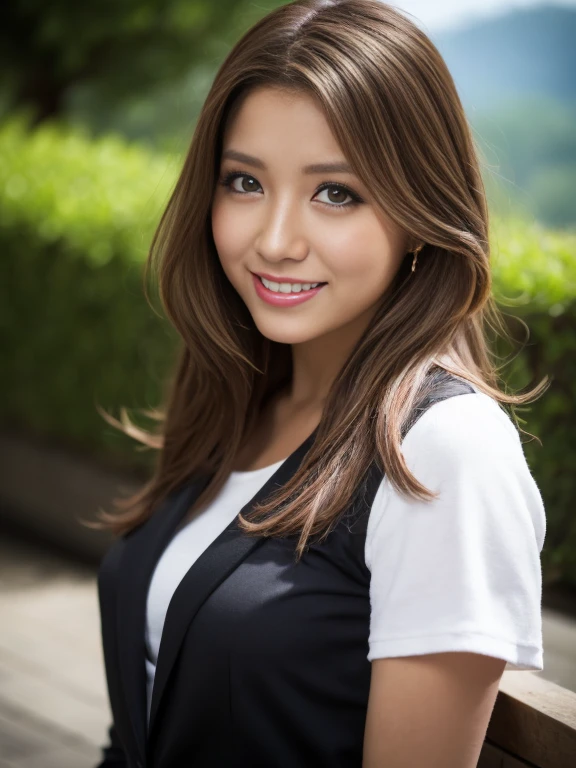 Highest quality, Realistically, Very detailed, About pubic hair, High resolution, 8k wallpaper, One beautiful woman, Pink wet lips, Light brown messy hair, Wearing a suit, shirt, White short skirt, Lock Focus, Perfect dynamic composition, Beautiful Eyes, Delicate hair, Detailed Realistically skin texture, smile, Close-up portrait, Model body type, On the open terrace of the cafe, Blurred Background, (Full Body Shot), Take photos from a distance, Random body orientation,Waterfall valley background、