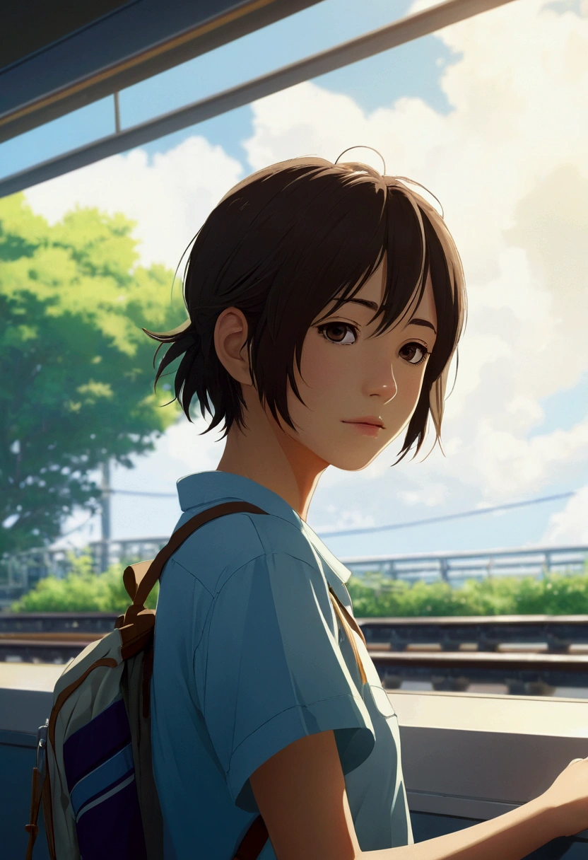 High definition、8K,Japanese anime style、young,woman,boyish,cool,Only the face、Makoto Shinkai style