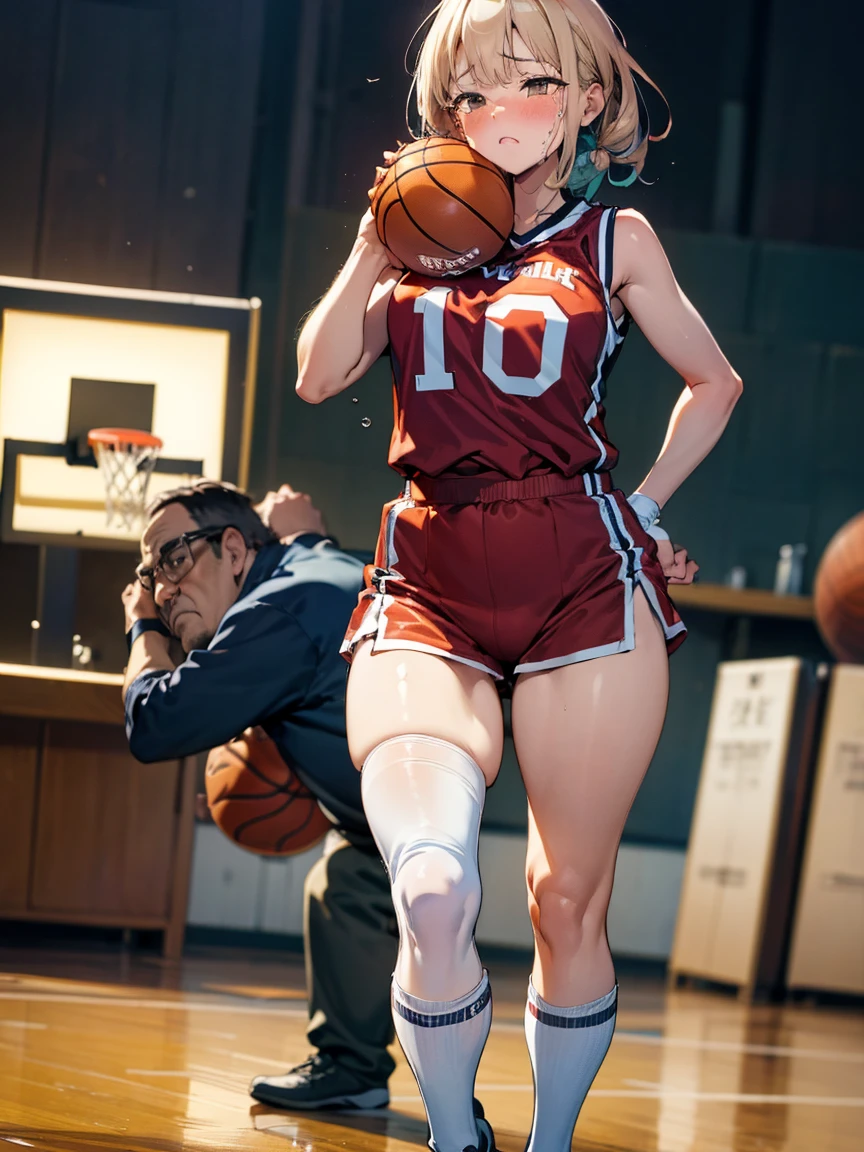 (girl,Fat middle-aged man:1.2)、(Crying face:1.1)、8k resolution、 masterpiece、((Highest quality))、Anatomically correct、(Basketball Uniforms:1.3)、(White knee socks)、((Hasselblad Photos))、[:(Detailed face:1.2):0.2]