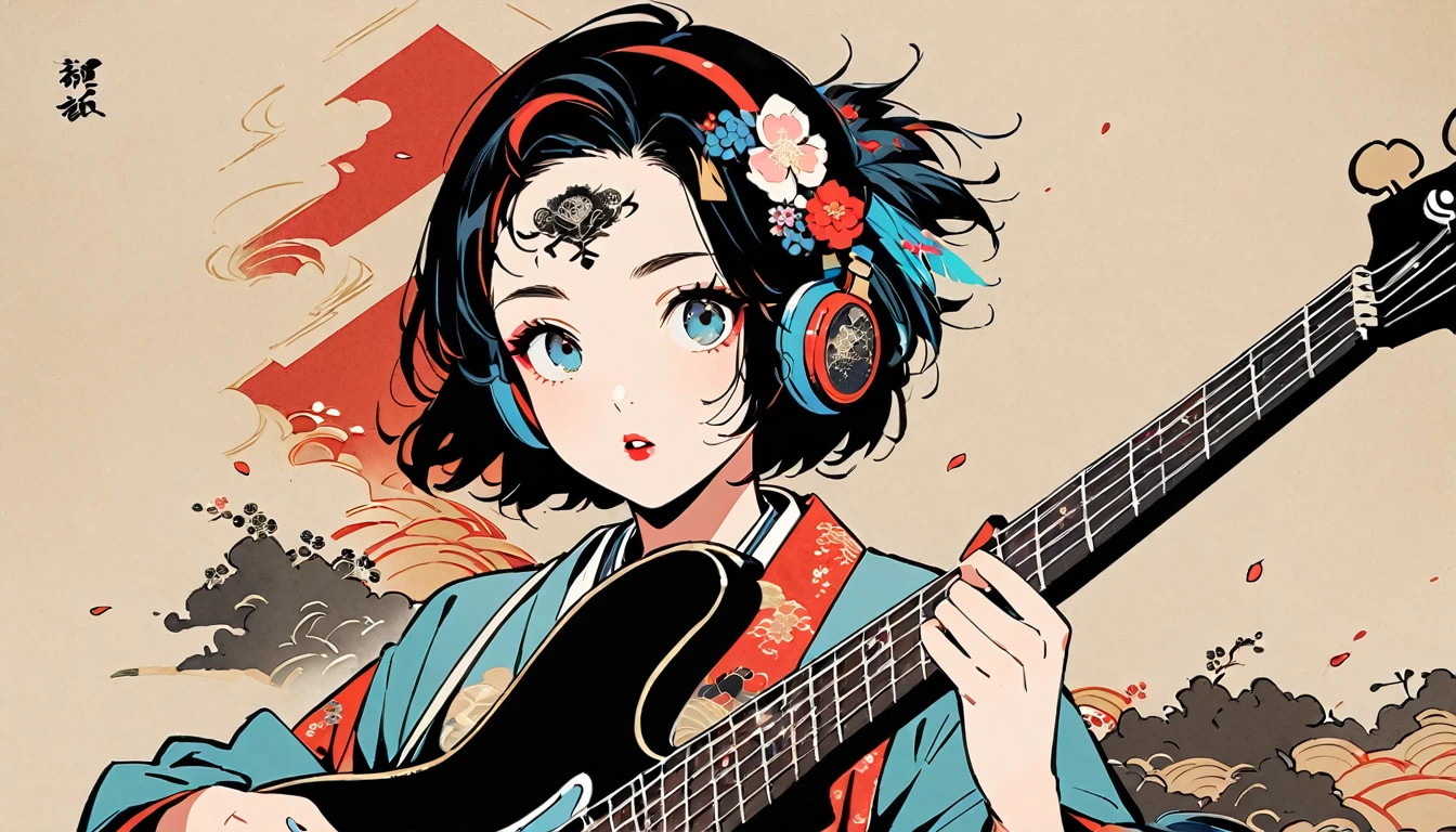 (((Ink Painting))), Fashion portrait color photos, (((1 girl))), (((Playing electric bass))), (((Tattoo in the center of the forehead))), (((Very flashy hair accessories))), (((Very flashy makeup))), Japanese style headphones, front view, Japan人の美少女, Black Hair, Delicate and precise, Modern ukiyo-e style,Japan, Droopy eyes, round face, Fuller lips