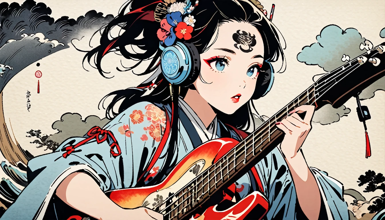 (((Ink Painting))), Fashion portrait color photos, (((1 girl))), (((Playing electric bass))), (((Tattoo in the center of the forehead))), (((Very flashy hair accessories))), (((Very flashy makeup))), Japanese style headphones, front view, Japan人の美少女, Black Hair, Delicate and precise, Modern ukiyo-e style,Japan, Droopy eyes, round face, Fuller lips