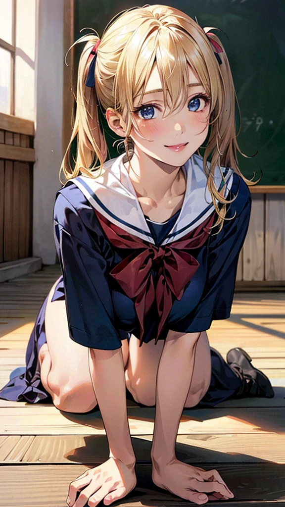 (masterpiece:1.3, Highest quality, Ultra-high resolution, Very detailed), (Realistic, photoRealistic:1.4), Beautiful illustrations, Perfect lighting, Natural light, colorful, Written boundary depth, NFSW,
View your viewers, 1 Girl, Japanese, high school girl, Perfect Face, Cute and symmetrical face, Shiny skin, Sunburned skin,
(Twin tails:1.5, Blonde), Hair between the eyes, blue eyes, (Large Breasts, seductive Thighs, Big Ass), Thighs, sum,
Beautiful Hair, Beautiful Face, Beautiful attention to detail, Beautiful clavicle, Beautiful body, Beautiful breasts, 美しいThighs, Beautiful feet, Beautiful fingers,
(Beautiful views), ((On all fours)), (School uniform), (Captivating smile,)
