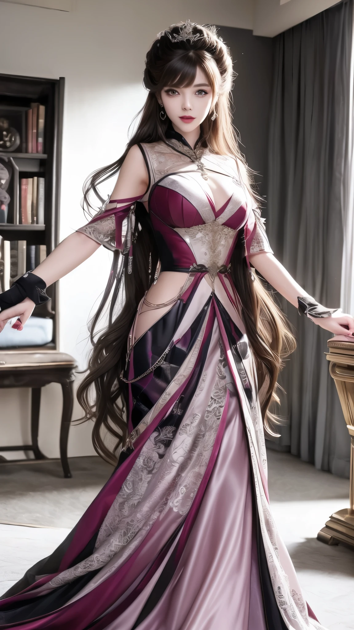 In a bedroom filled with natural light, a young woman stands confidently in a black top and plaid skirt. Her long brown hair cascades down her back as she holds a piece of clothing, her eyes sparkling with excitement.
